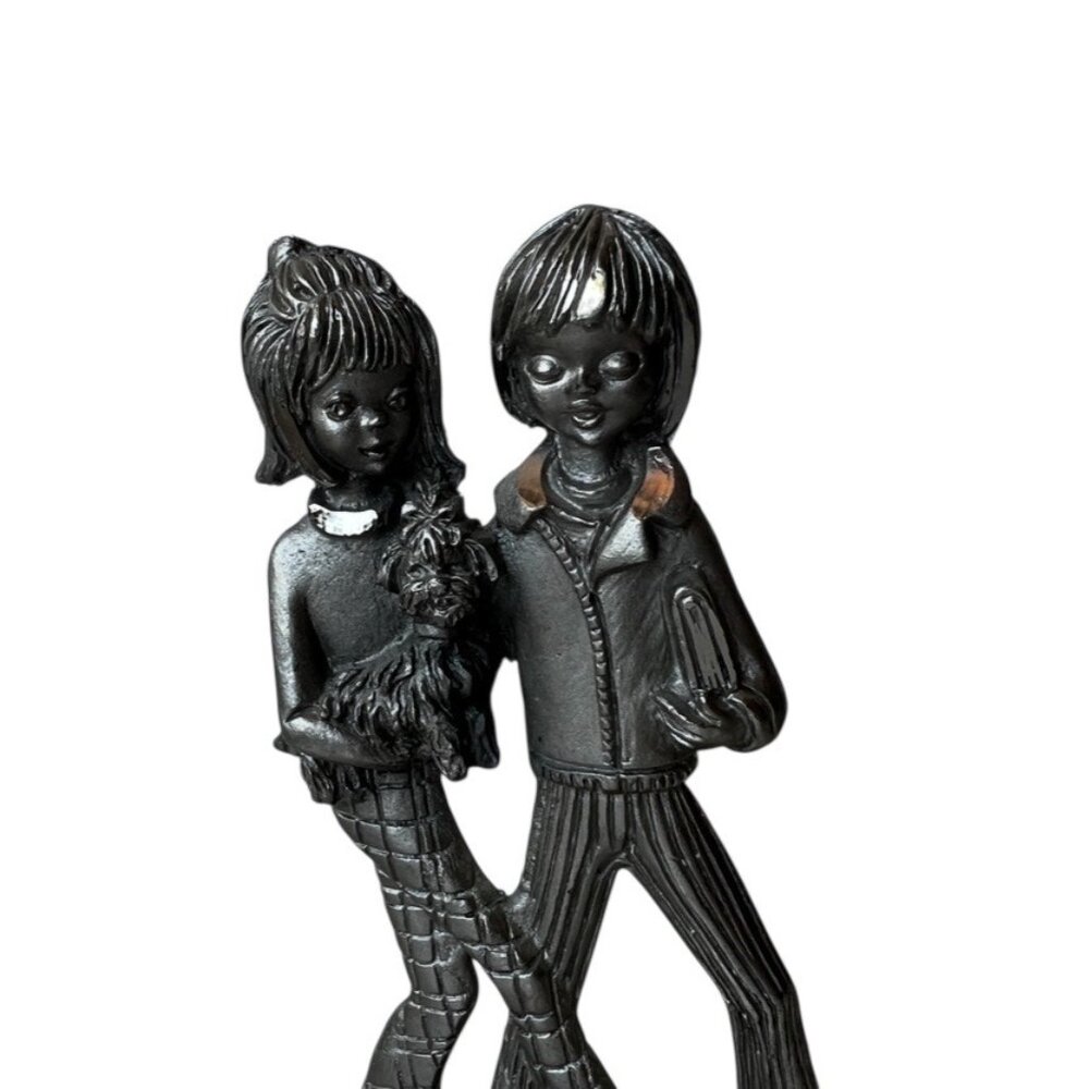Peltro Cessallato Pewter Sculpture Boy Girl With Dog On Wooden Base 5" T - Picture 3 of 9